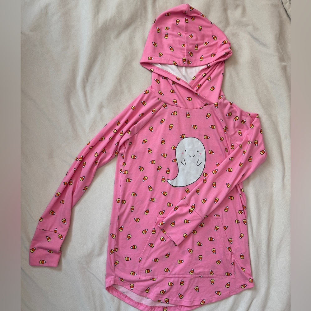 LuLaRoe Pink light Tunic Hoodie with Candy Corn Pattern Halloween Ghost (Amber)
